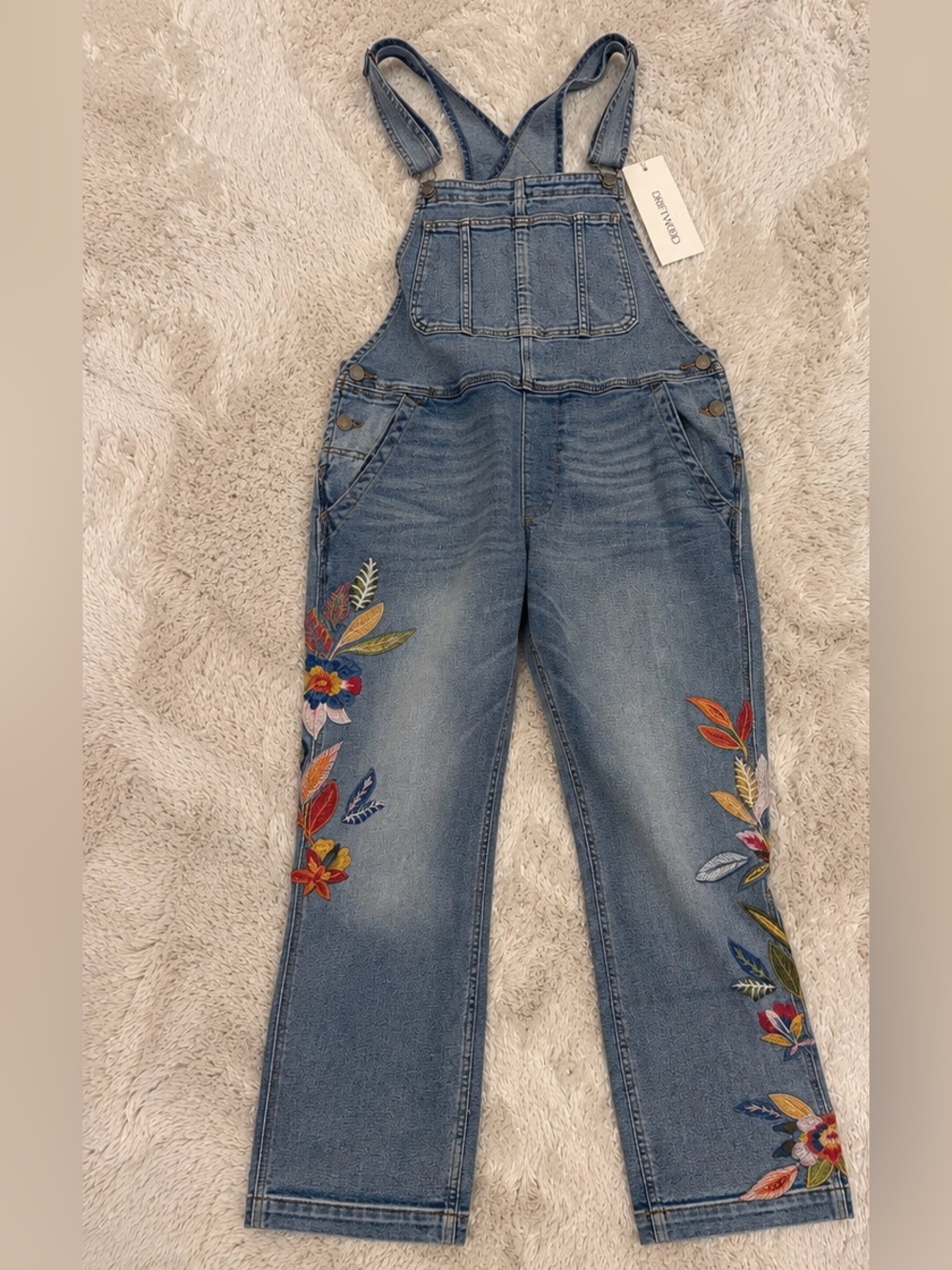 NWT Driftwood Floral Embroidered Denim Overalls Blue Size L